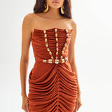 Strapless Terracotta Maxi Dress with High Slit and Gold Accessory Details