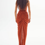 Strapless Terracotta Maxi Dress with High Slit and Gold Accessory Details