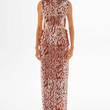 Chocolate Turtle Neck Maxi Dress with Patterned Sequin and Open Back