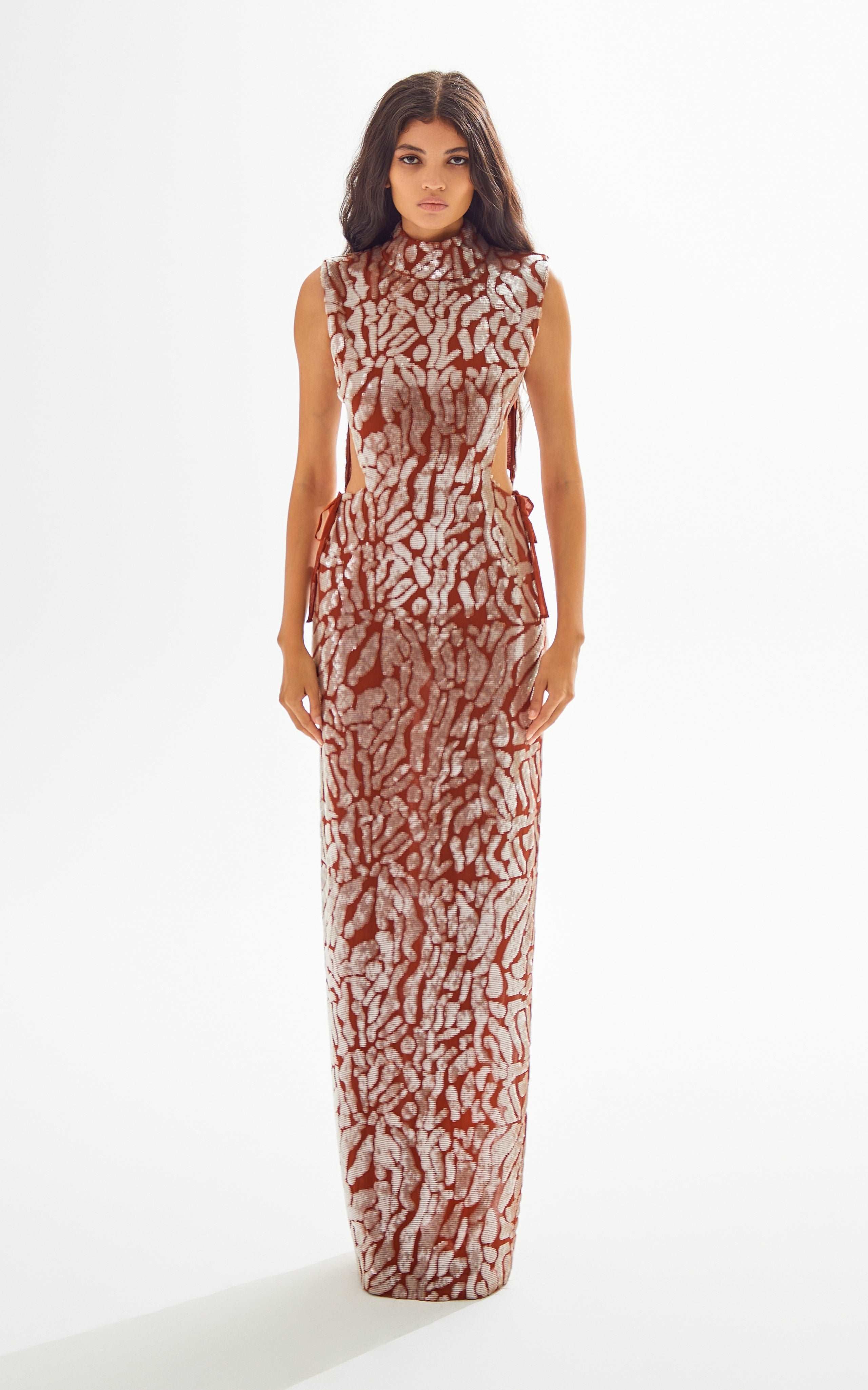 Chocolate Turtle Neck Maxi Dress with Patterned Sequin and Open Back