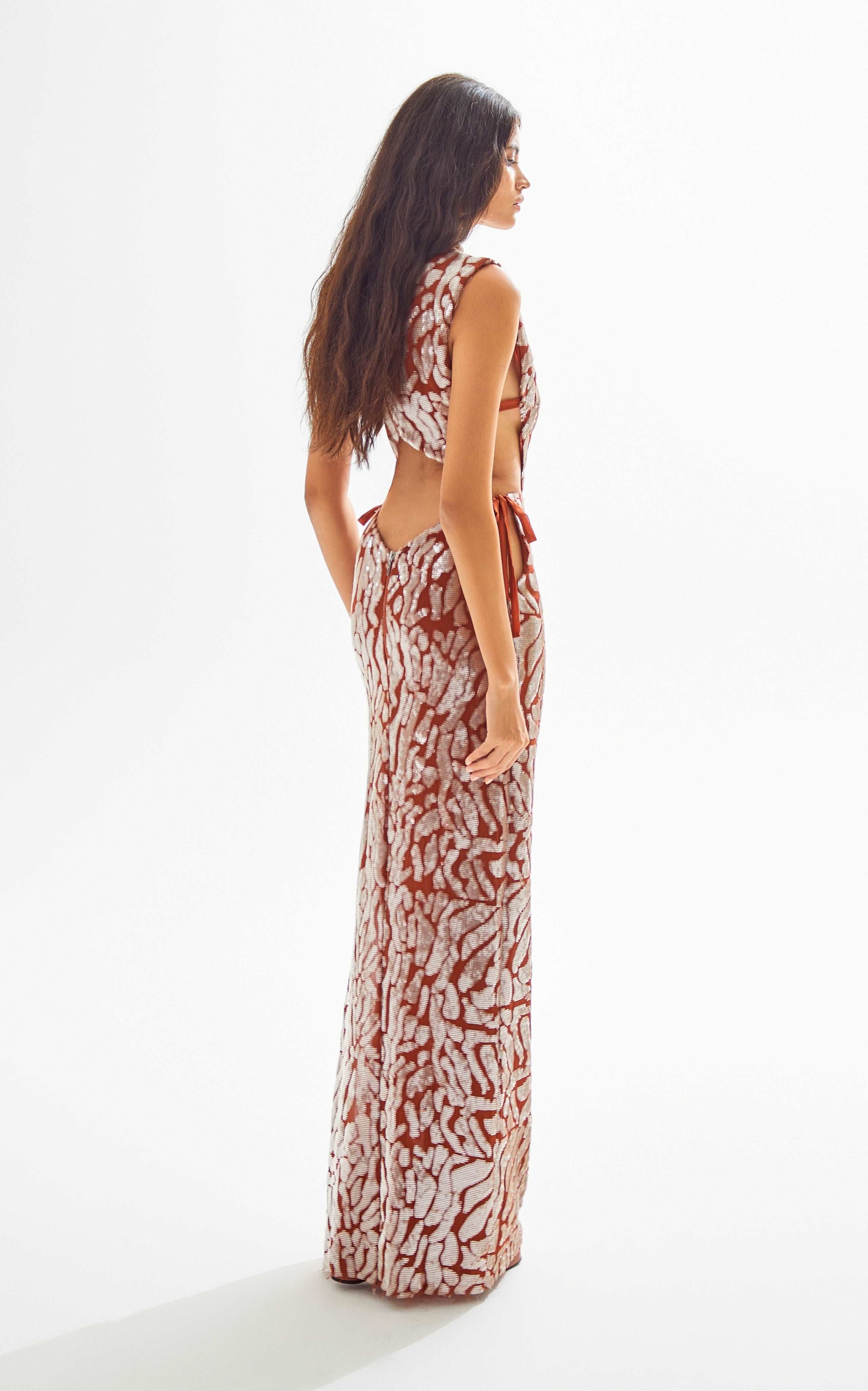 Chocolate Turtle Neck Maxi Dress with Patterned Sequin and Open Back