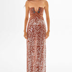 Chocolate Strapless Maxi Dress with Leather and Patterned Sequin Details