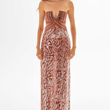 Chocolate Strapless Maxi Dress with Leather and Patterned Sequin Details