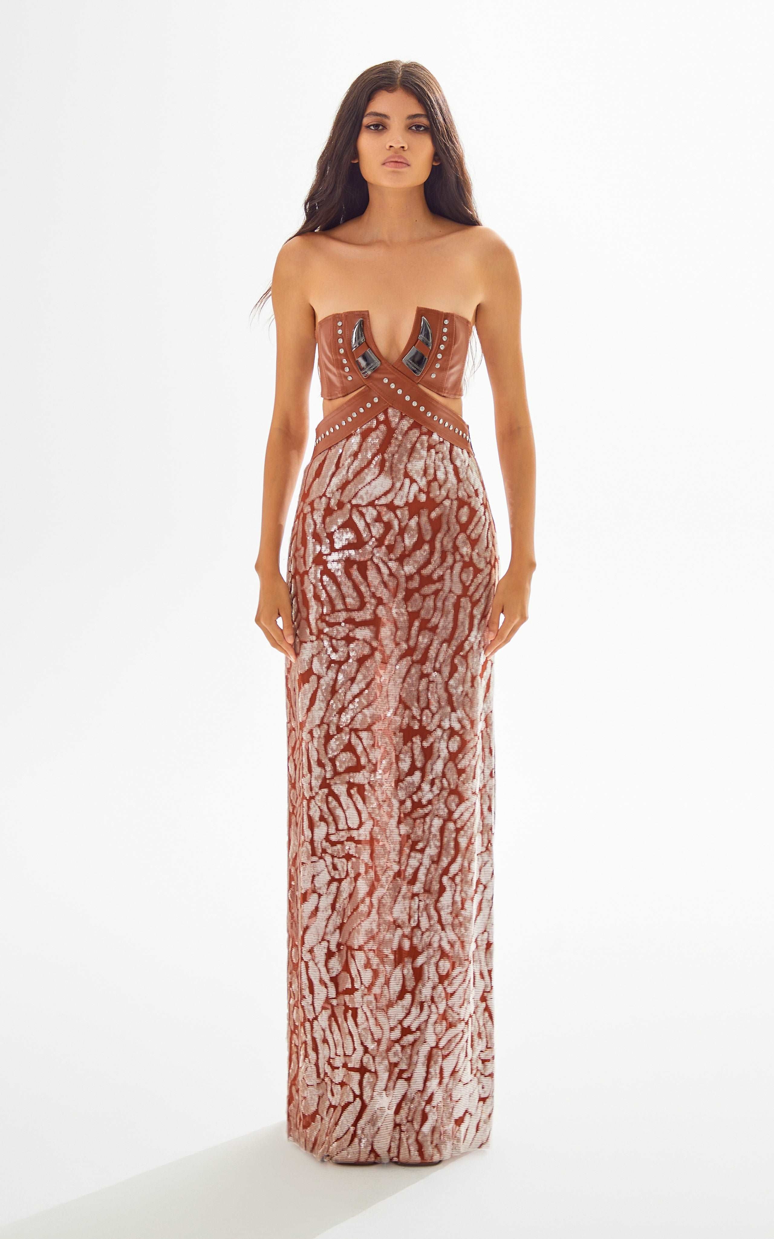 Chocolate Strapless Maxi Dress with Leather and Patterned Sequin Details