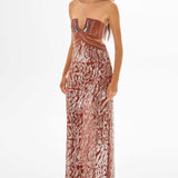 Chocolate Strapless Maxi Dress with Leather and Patterned Sequin Details