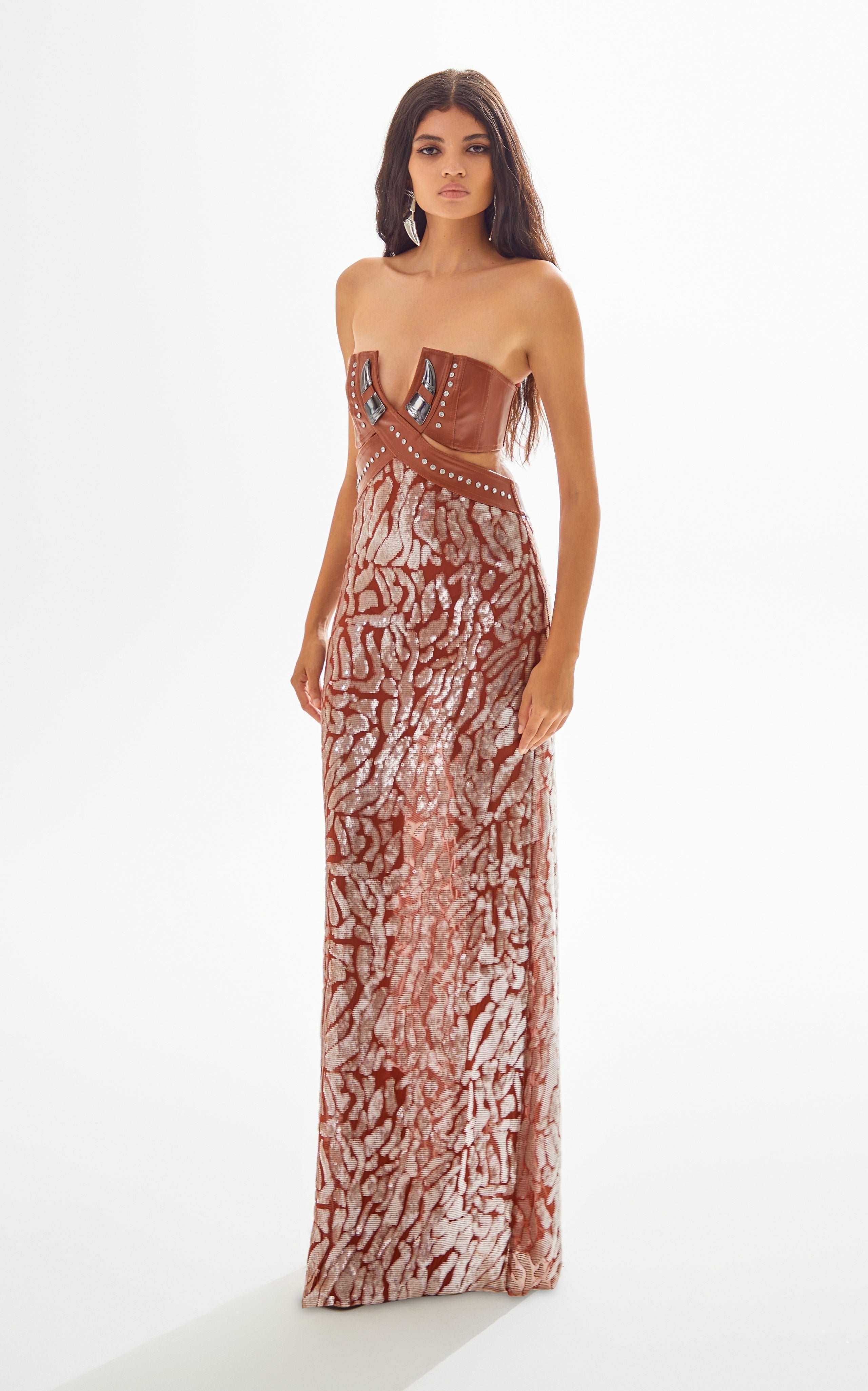 Chocolate Strapless Maxi Dress with Leather and Patterned Sequin Details