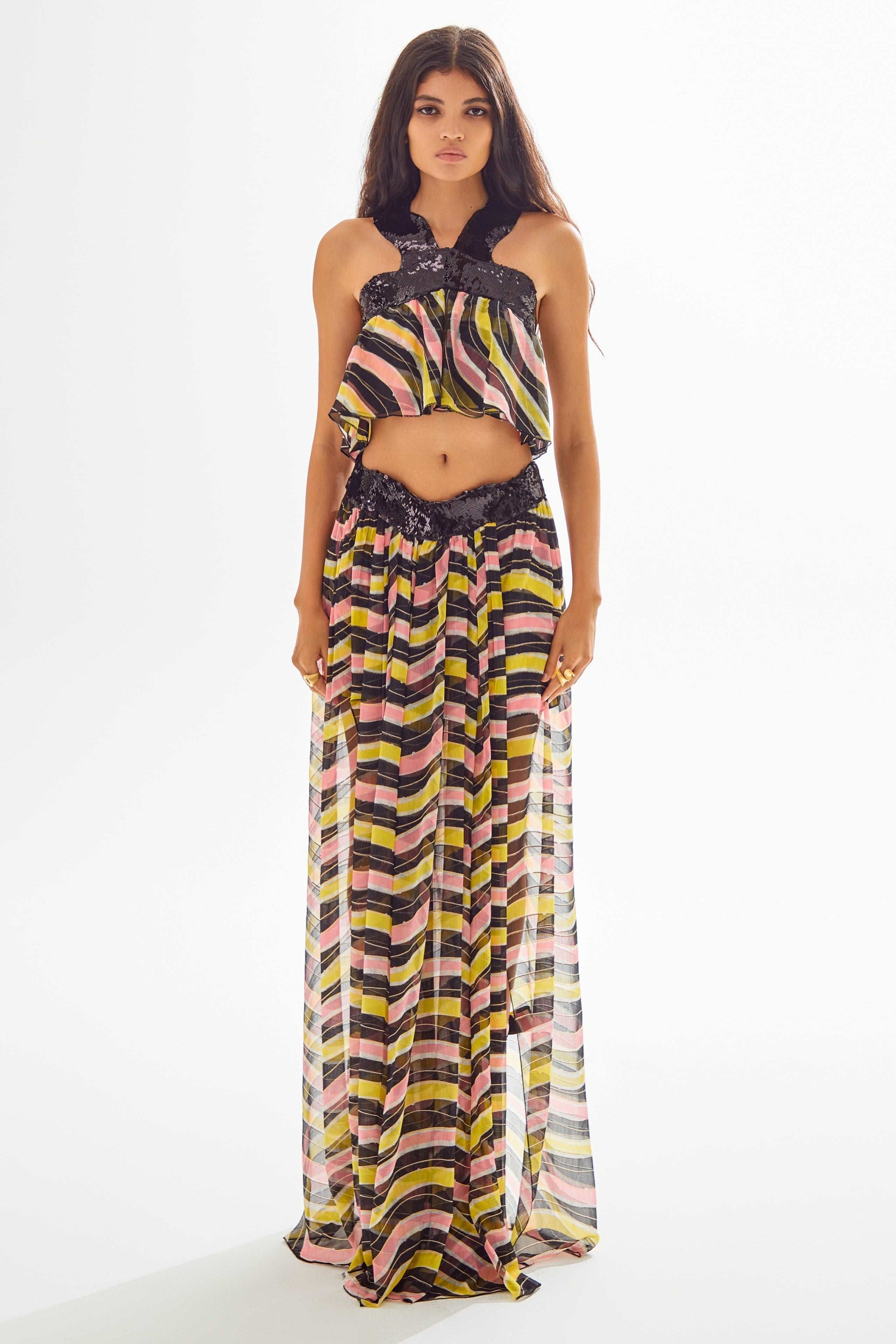 Amazonica Chiffon Wavy Striped Maxi Skirt with Black Sequin and High Slit Details