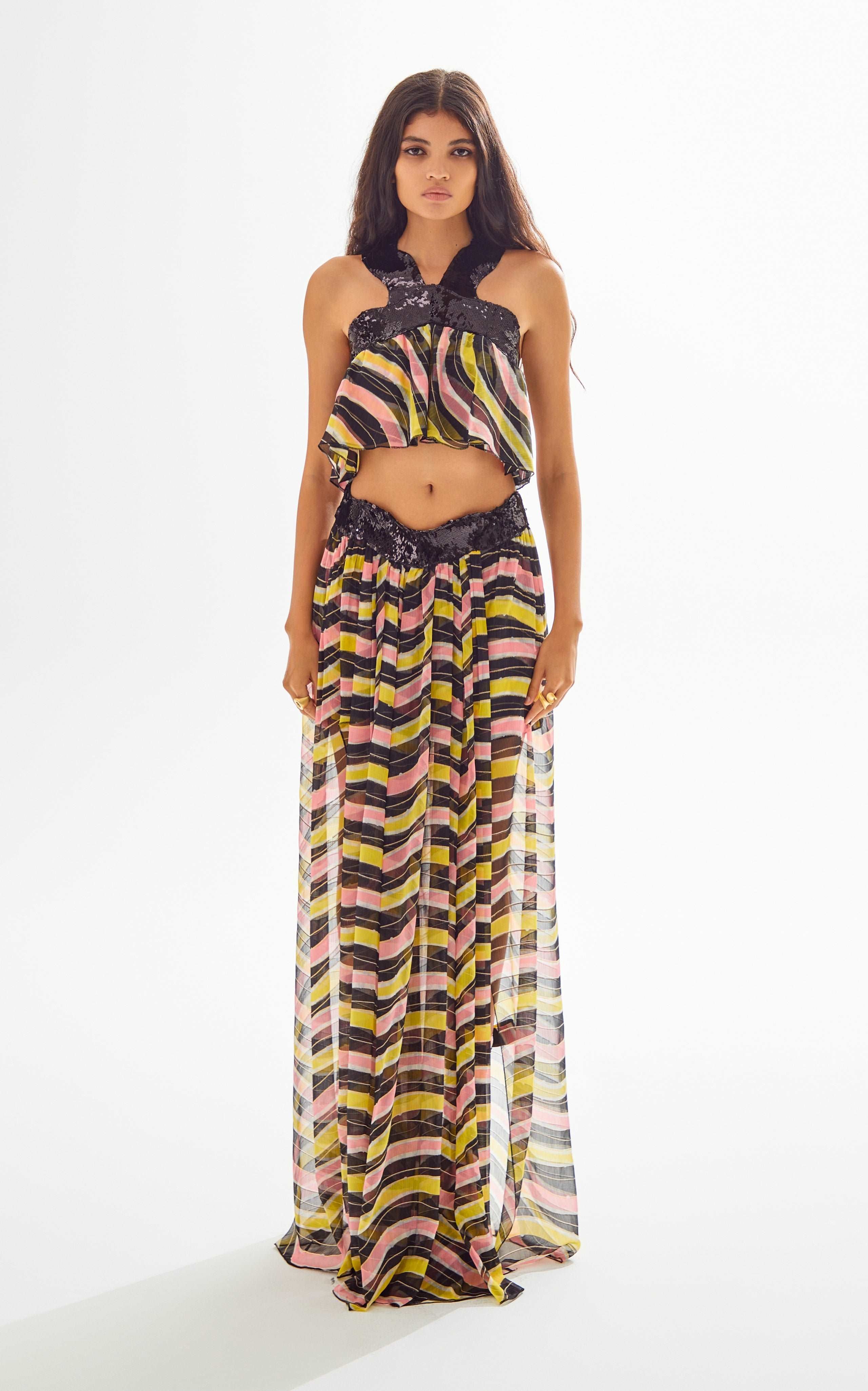 Amazonica Chiffon Wavy Striped Cross Neck Top with Black Sequin Details