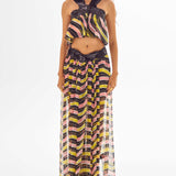 Amazonica Chiffon Wavy Striped Maxi Skirt with Black Sequin and High Slit Details