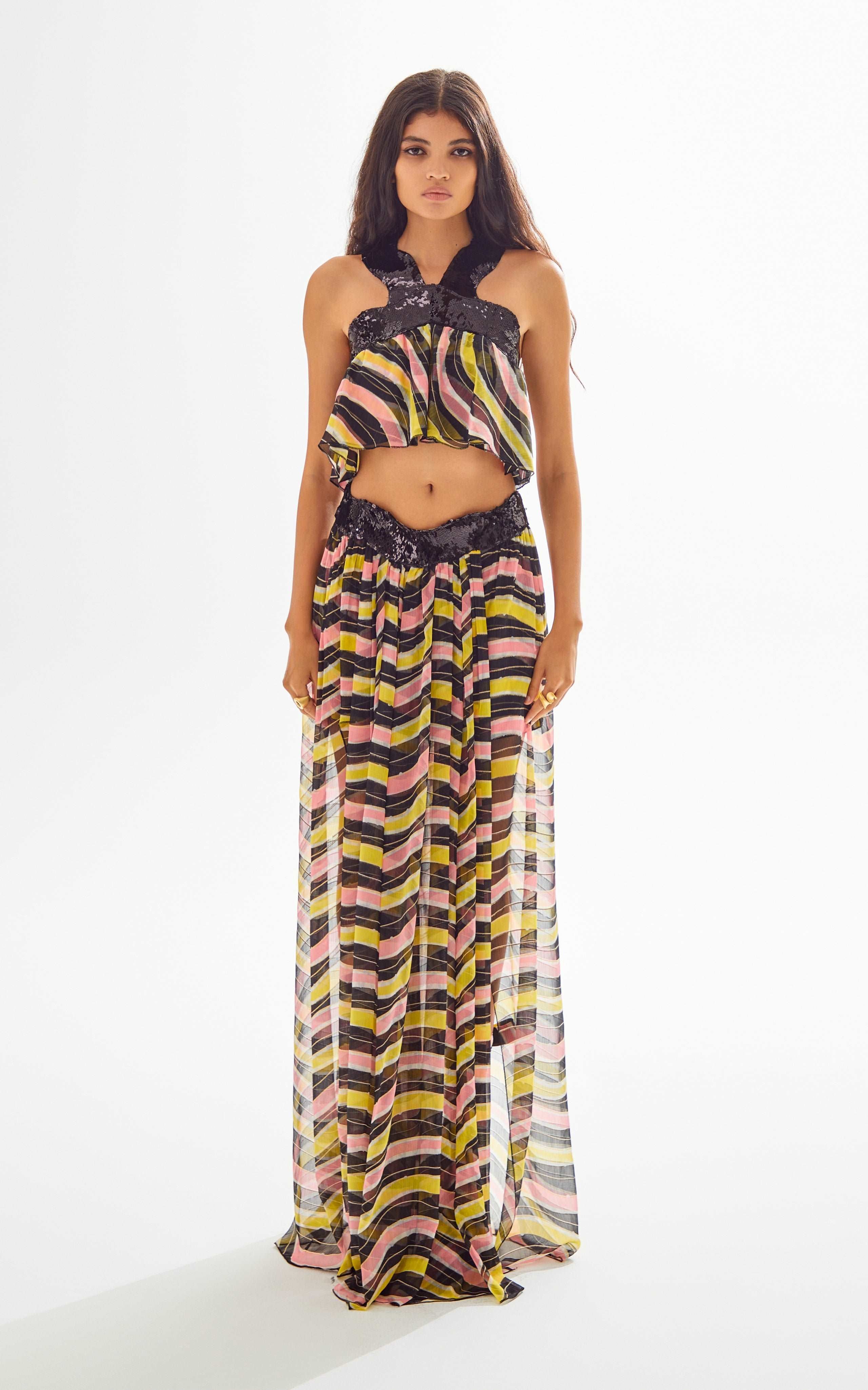 Amazonica Chiffon Wavy Striped Maxi Skirt with Black Sequin and High Slit Details