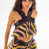 Amazonica Chiffon Wavy Striped Maxi Skirt with Black Sequin and High Slit Details