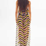 Amazonica Chiffon Wavy Striped Maxi Skirt with Black Sequin and High Slit Details