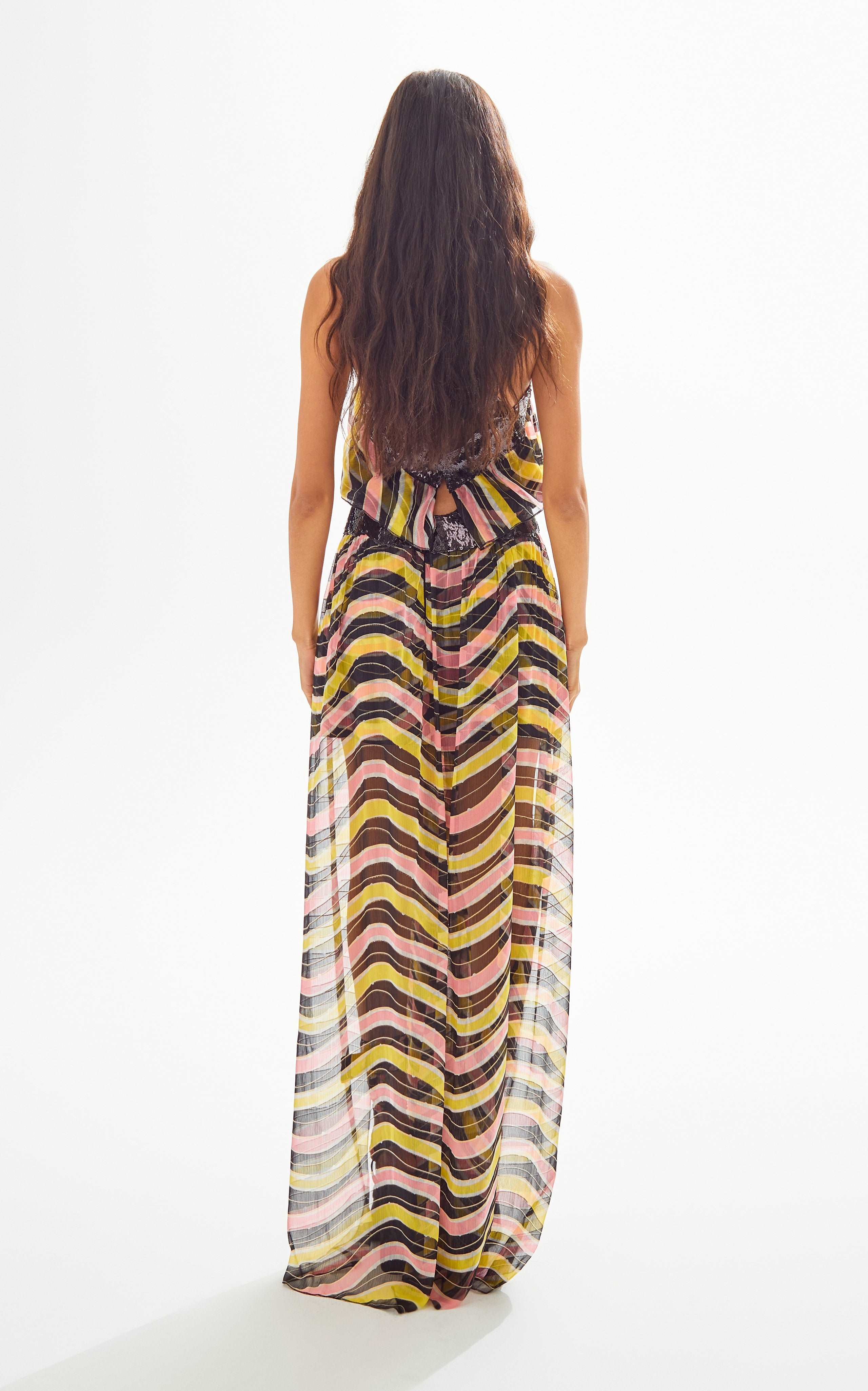 Amazonica Chiffon Wavy Striped Maxi Skirt with Black Sequin and High Slit Details