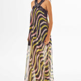 Amazonica Chiffon Wavy Striped Maxi Dress with Black Sequin Details