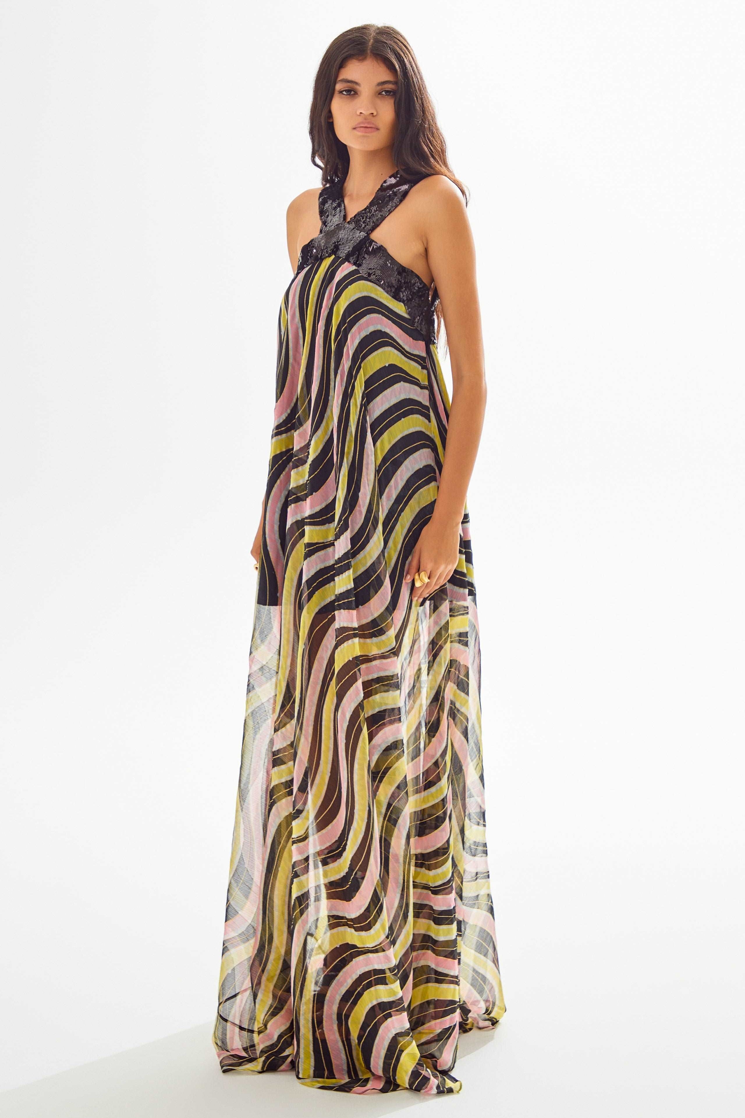 Amazonica Chiffon Wavy Striped Maxi Dress with Black Sequin Details