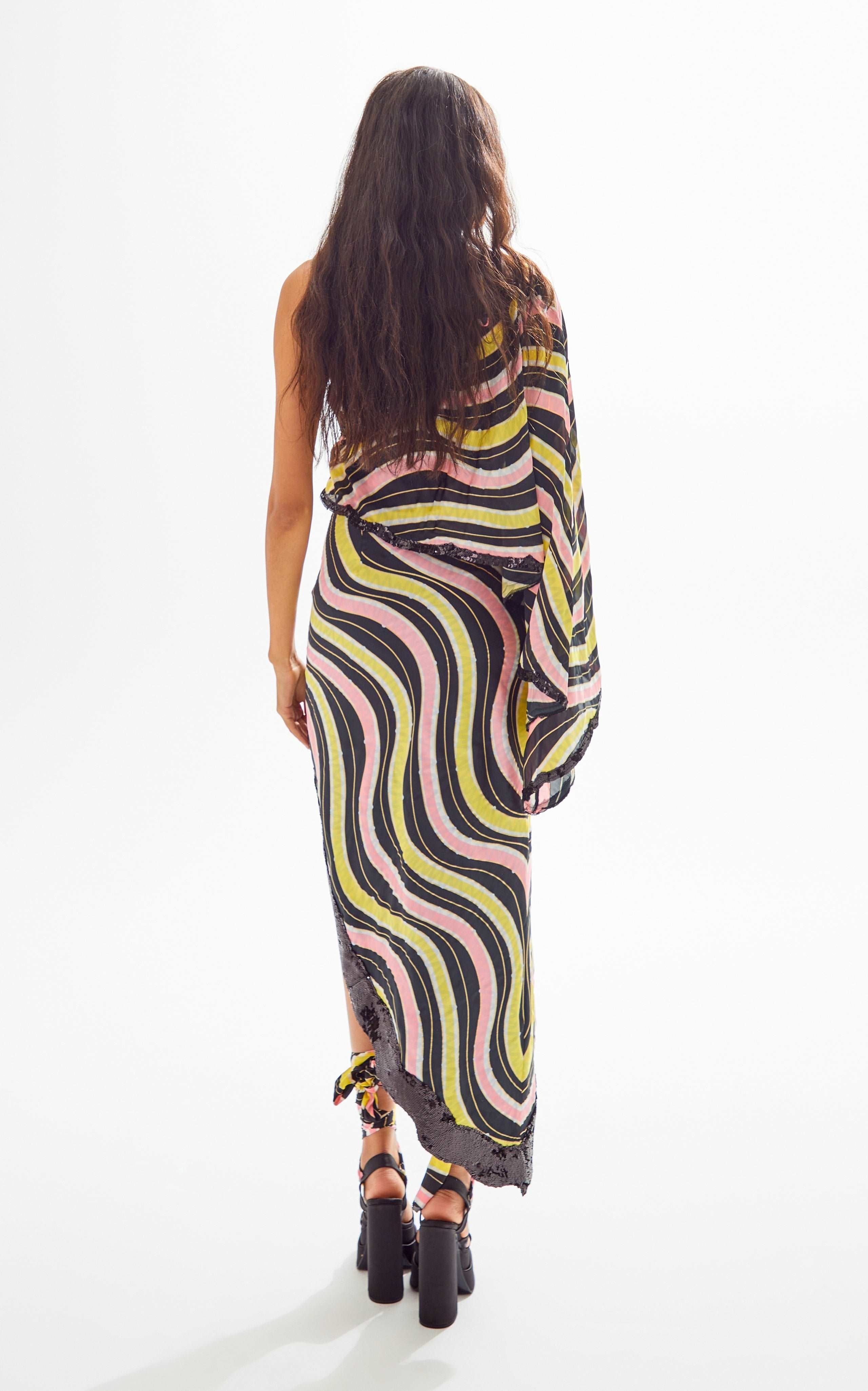 Amazonica Chiffon Wavy Striped One Shoulder Midi Dress with Black Sequin and High Slit Details