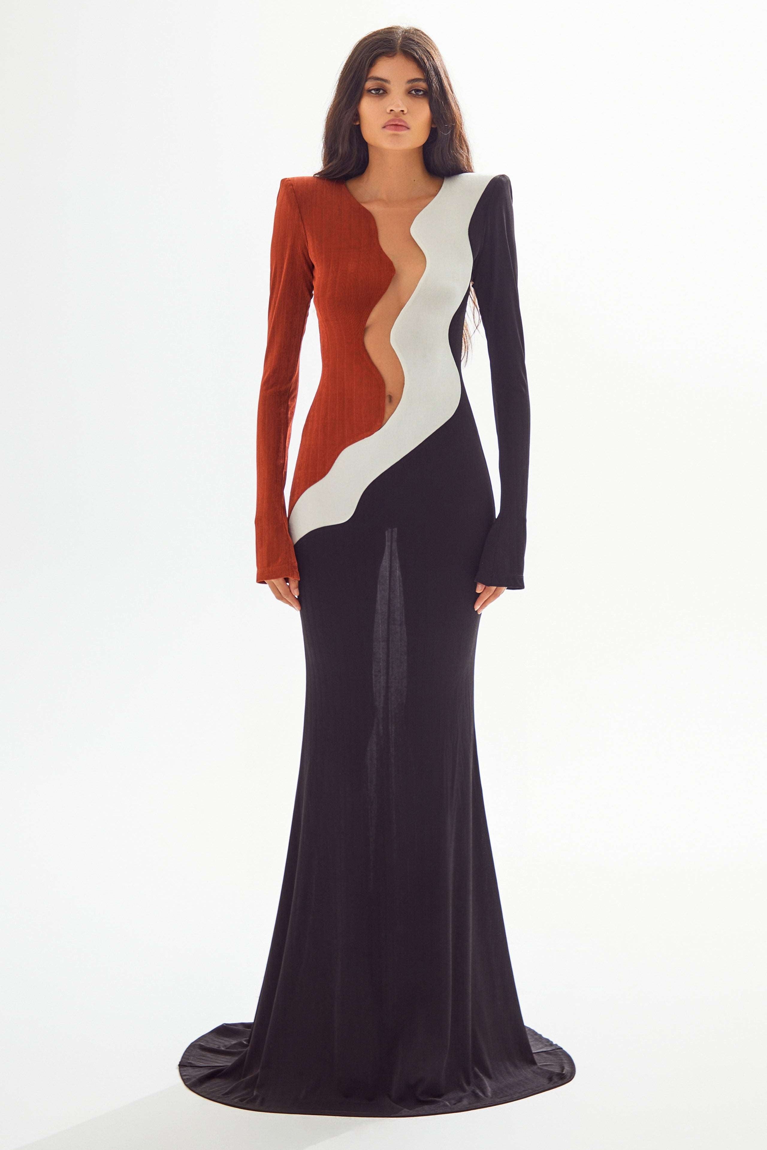 African Color Blocked Maxi Dress with Transparent Decolette Detail