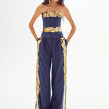 Navy Linen Corset Top with Gold Wavy Sequin Details