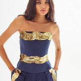 Navy Linen Corset Top with Gold Wavy Sequin Details