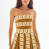 Strapless Mocha Mini Dress with Embroidery Stripe Details