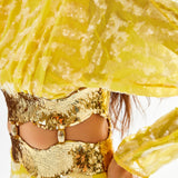 Lemon Mini Dress with Cutout Waist and Patterned Sequin Details