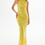 Lemon Turtle Neck Maxi Dress with Patterned Sequin Details and Open Back