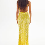 Lemon Turtle Neck Maxi Dress with Patterned Sequin Details and Open Back