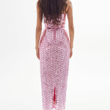 Pink Strapless Chiffon Midi Dress with Round Sequins