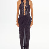 Draped Maxi Dress with Gold Ivory Accessory and Black Sequin Details