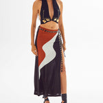 African Colour Blocked Midi Skirt with High Slit