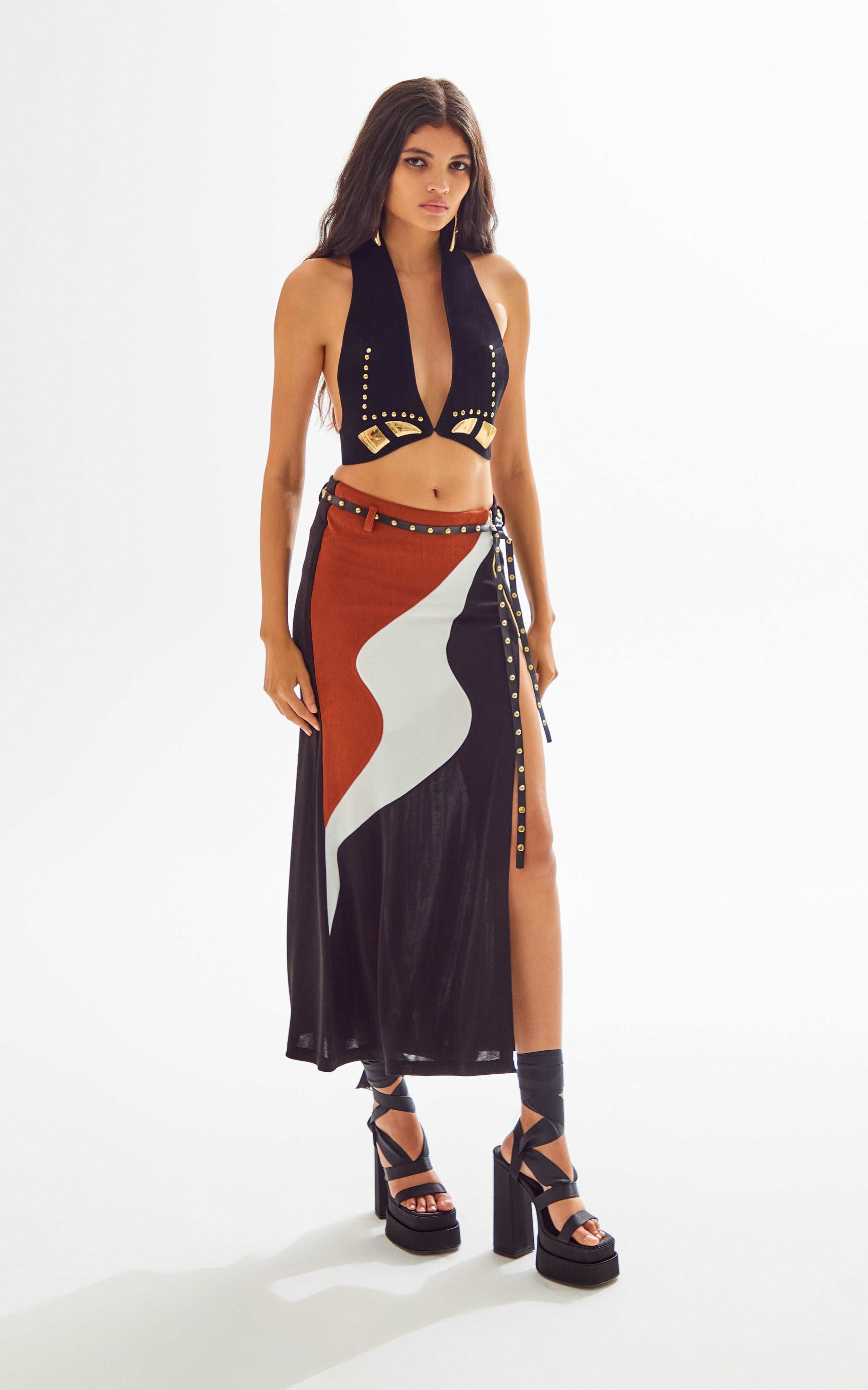 African Colour Blocked Midi Skirt with High Slit