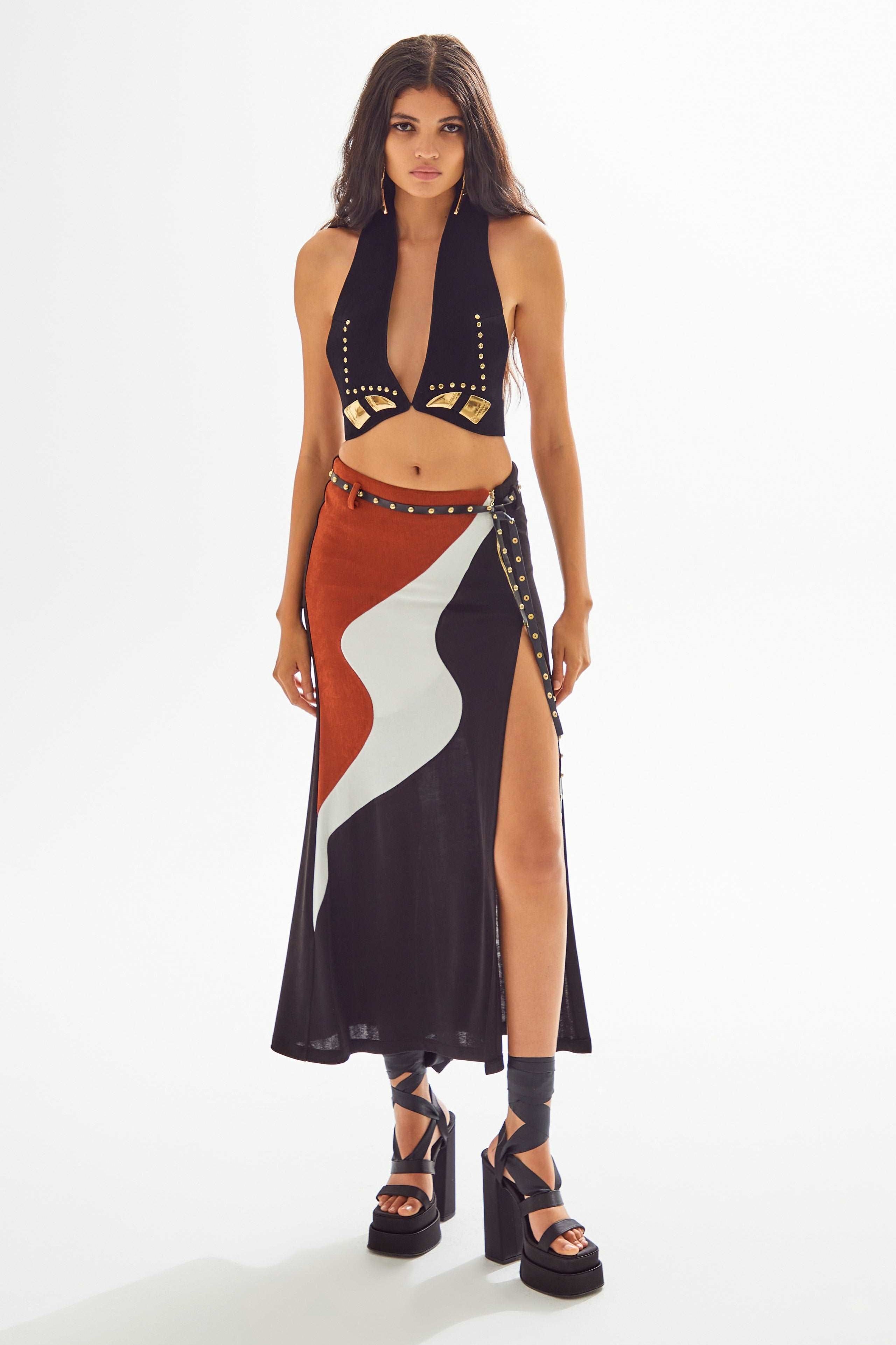 African Colour Blocked Midi Skirt with High Slit