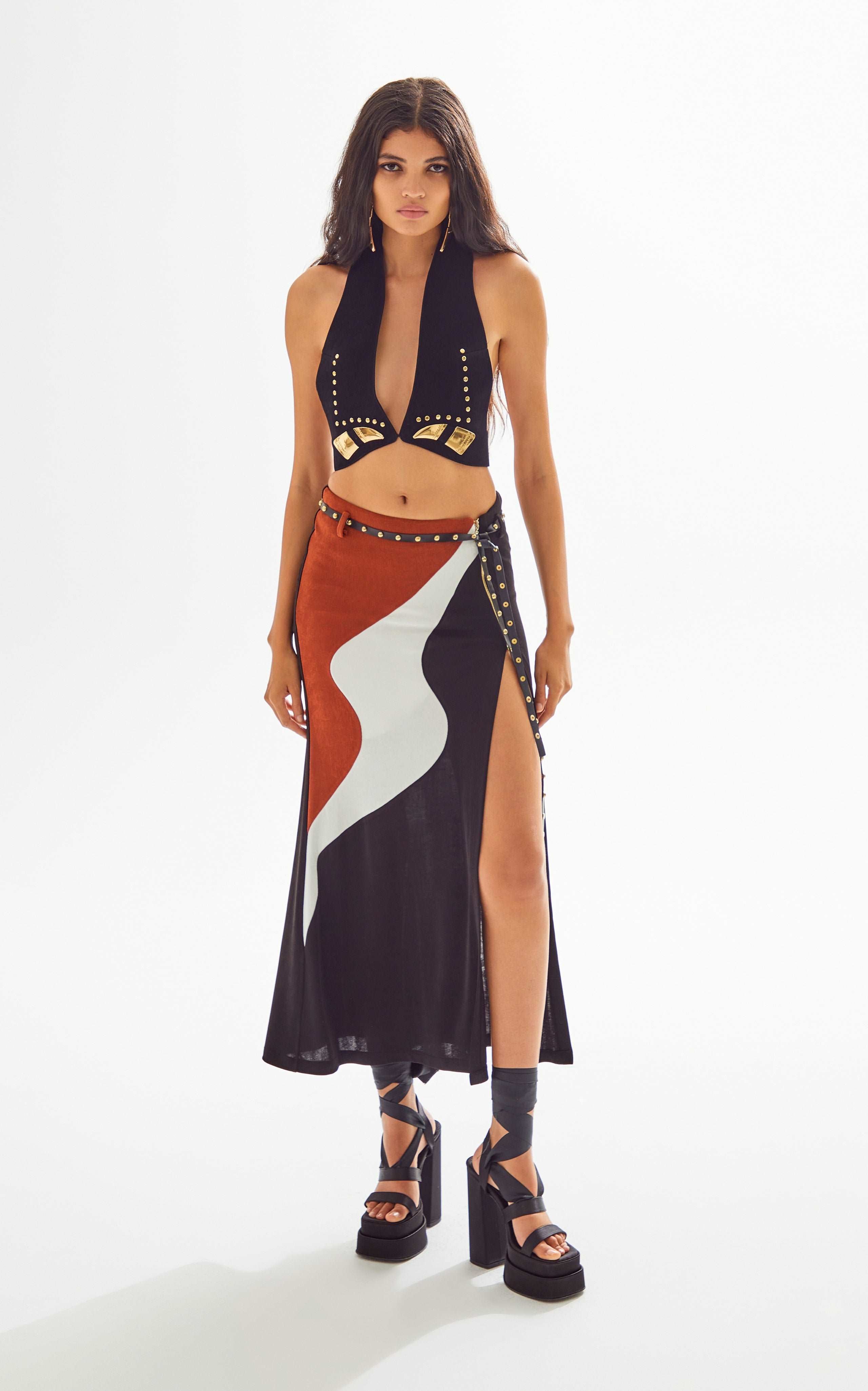 African Colour Blocked Midi Skirt with High Slit