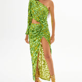 Pistachio One Shoulder Maxi Dress with Patterned Sequin and High Slit Details