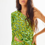 Pistachio One Shoulder Maxi Dress with Patterned Sequin and High Slit Details