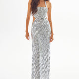 Silver Chiffon Maxi Dress With Round Sequin And Cutout Details