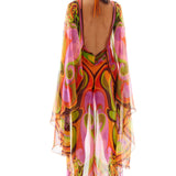 Printed Chiffon Jumpsuit with Deep Neck and Gold Buckle