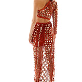 One Shoulder Crystal Embellishements Lace Maxi Dress with Hologram Details