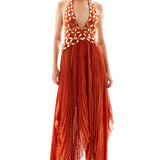 Halter Neck Pleated Chiffon Asymmetrical Maxi Dress with Gold Embroidery