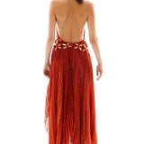 Halter Neck Pleated Chiffon Asymmetrical Maxi Dress with Gold Embroidery