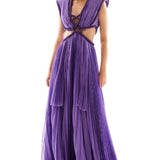 V-Neck Maxi Lazer Cut Chiffon Dress with Jewelled Cut out