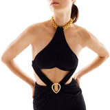 Halter Neck Buzi Skirt Pant Jumpsuit with Gold Chain