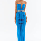 Satin Deep V Neck Strapless Maxi Dress With Gold Belt