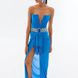 Satin Deep V Neck Strapless Maxi Dress With Gold Belt