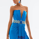 Satin Deep V Neck Strapless Maxi Dress With Gold Belt