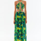 Chiffon Halter Neck Cutout Maxi Dress With Gold Buckles and Gemstone Details