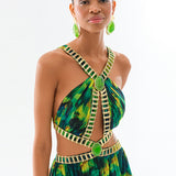 Chiffon Halter Neck Cutout Maxi Dress With Gold Buckles and Gemstone Details