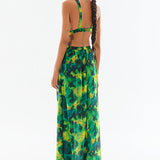 Chiffon Halter Neck Cutout Maxi Dress With Gold Buckles and Gemstone Details