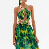 Chiffon Halter Neck Cutout Maxi Dress With Gold Buckles and Gemstone Details