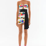 Multicolor Strapless Satin Mini Dress With Belt Detail